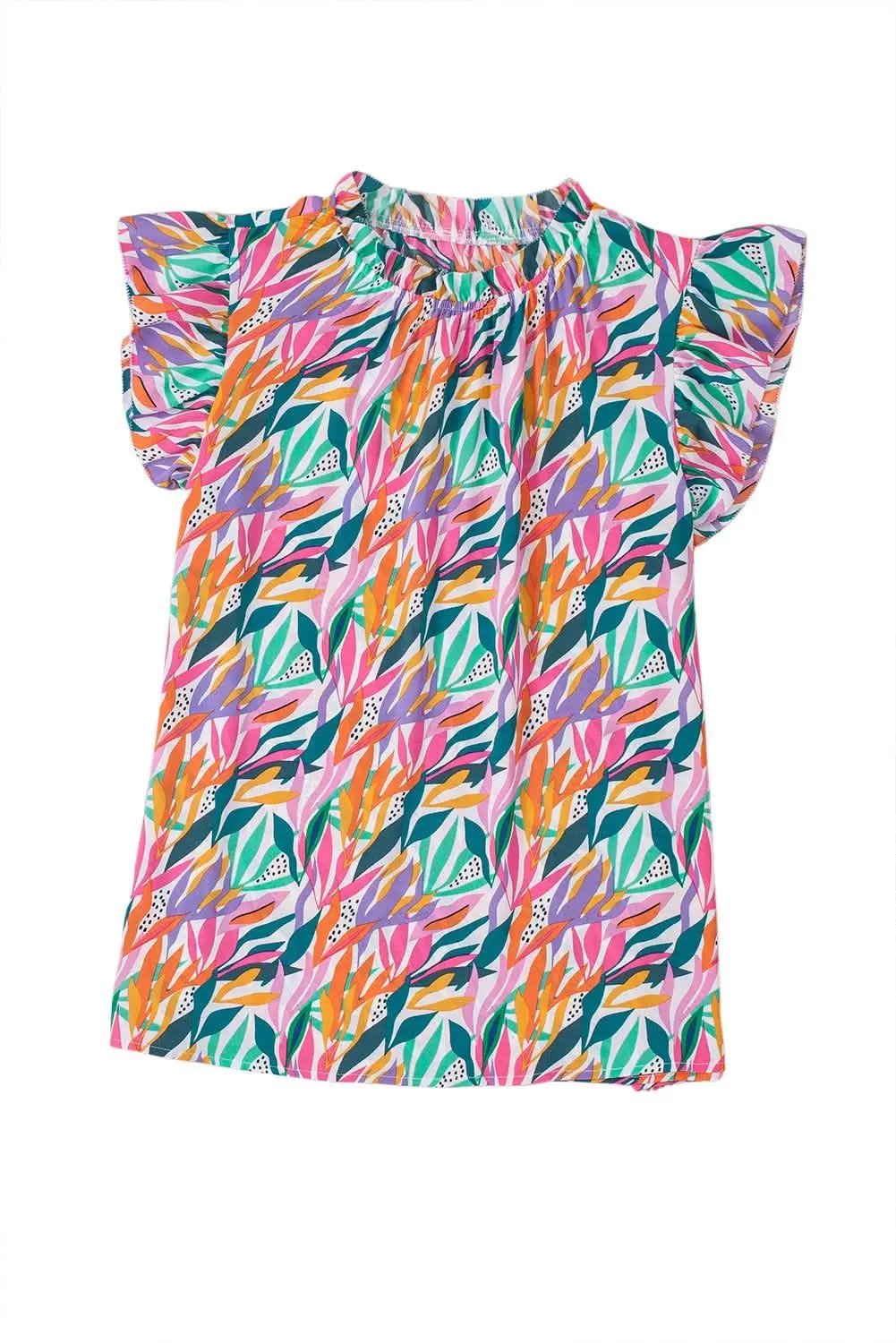 Rose Red Floral Print Ruffled Flutter Sleeve Blouse - Love Salve